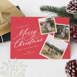 Merry kerstscript, met meerdere foto's RED Feestdagenkaart<br><div class="desc">Verstuur dit vakantieseizoen met deze moderne multi-foto kerstkaart met gekantelde momentopnamen,  en elegant manuscript.</div>