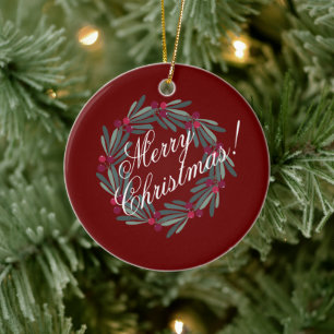 Merry kerstscript met rood keramisch ornament