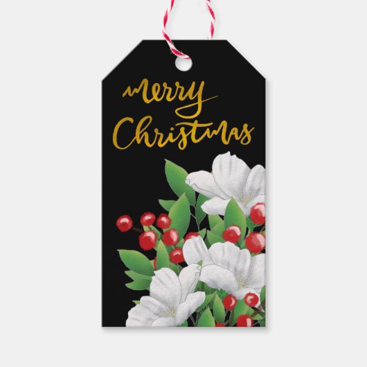 Merry kerstscript Red Berries Floral Cadeaulabel (Voorkant)