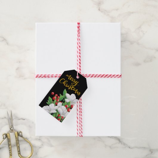 Merry kerstscript Red Berries Floral Cadeaulabel (Met Touw)