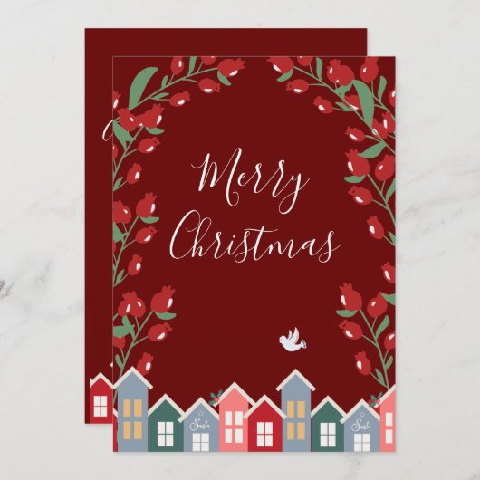 Merry kerstscript Red Floral personaliseren Feestdagenkaart (Voorkant / Achterkant)