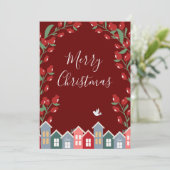 Merry kerstscript Red Floral personaliseren Feestdagenkaart (Staand voorkant)
