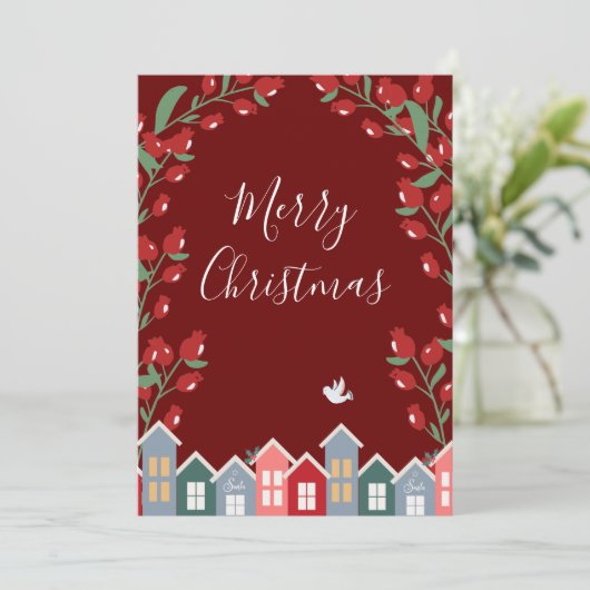 Merry kerstscript Red Floral personaliseren Feestdagenkaart (Staand voorkant)
