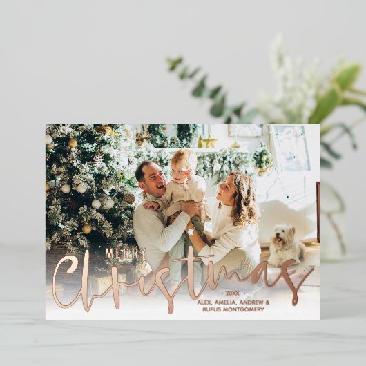 Merry kerstscript Roos Gold Folie Feestdagenkaart (Staand Voorkant)