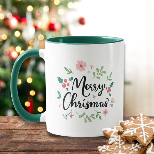 Merry kerstscript Waterverf Floral Mok