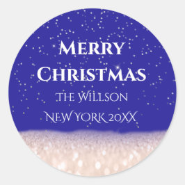 Merry KerstsneeuwRoos Royal Blue Confetti Ronde Sticker