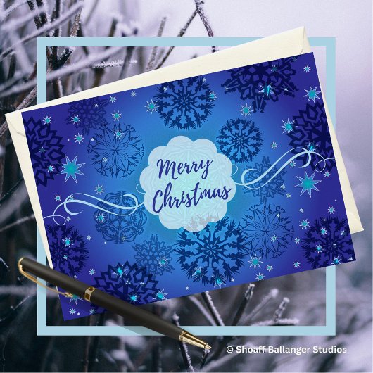 Merry Kerstsnowflakes Design in Blue Kaart