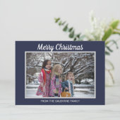 Merry Kerstsnowflakes Navy Blue Photo Lijst Feestdagenkaart (Staand voorkant)