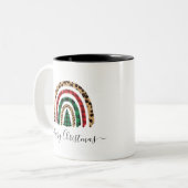 Merry-kerstspeldenstang en luipaardenregenboog tweekleurige koffiemok (Voorkant links)