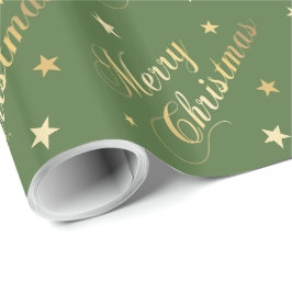 Merry Kerststerren Elegant Script Gold Green Cadeaupapier