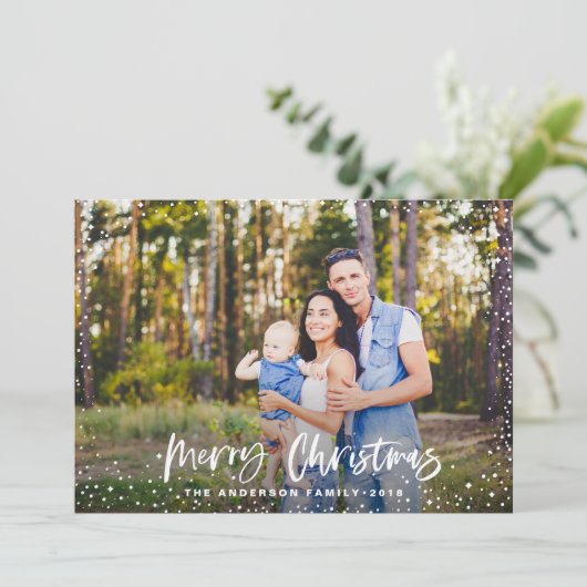 Merry Kerststerren foto rood modern script Feestdagenkaart (Staand voorkant)