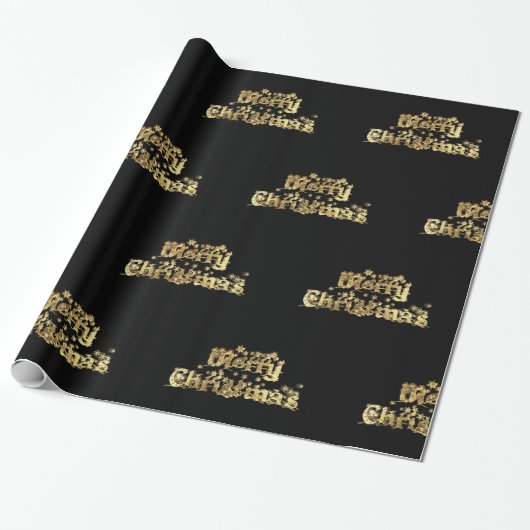 Merry Kerststerren Typografie Black Gold Chic Cadeaupapier (Uitgerold)