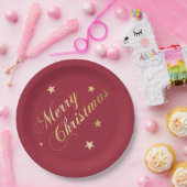 Merry Kerststerren Wine Red Gold Napkins Papieren Bordje (Feest)