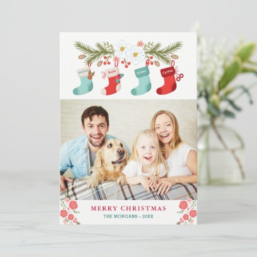 Merry KerstStockings Names Pet Family Foto Feestdagenkaart (Staand voorkant)