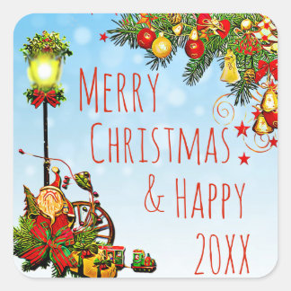 Merry KerstStreet Light en Pine Wreath Vierkante Sticker