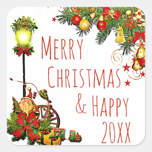 Merry KerstStreet Light en Pine Wreath Vierkante Sticker (Voorkant)
