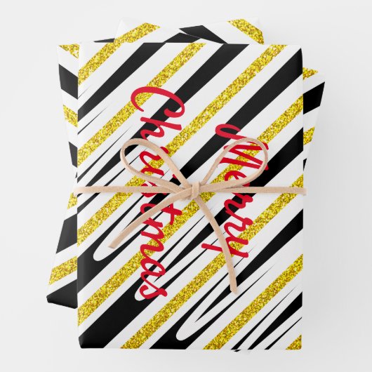 Merry kerstStripes Pattern Gold Glitter Artsy Inpakpapier Vel (In situ)