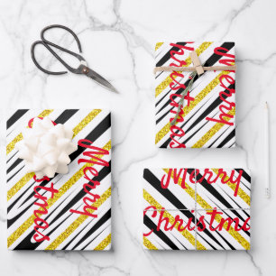 Merry kerstStripes Pattern Gold Glitter Artsy Inpakpapier Vel