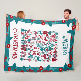 Merry Kerstsymbool Nordic Floral Border Winter Fleece Deken