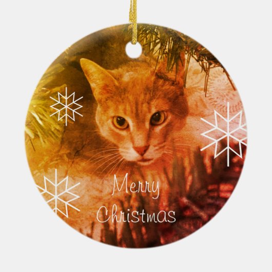 Merry kersttabby Cat Snowflakes Keramisch Ornament (Achterkant)