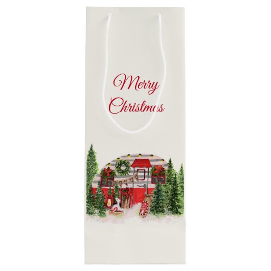 Merry Kersttrailer Camper Rustic Scene Wijn Cadeautas (Achterkant)