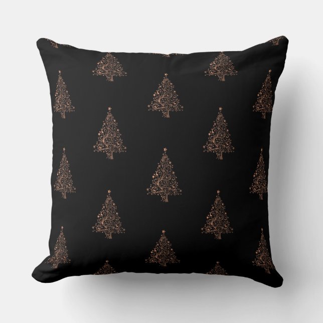 Merry Kersttree Pattern Black Brown Copper Kussen (Voorkant)