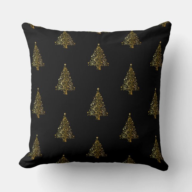 Merry Kersttree Pattern Black Gold Elegant Kussen (Voorkant)