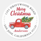 Merry Kersttruck en kerstbomen Adres Ronde Sticker (Voorkant)