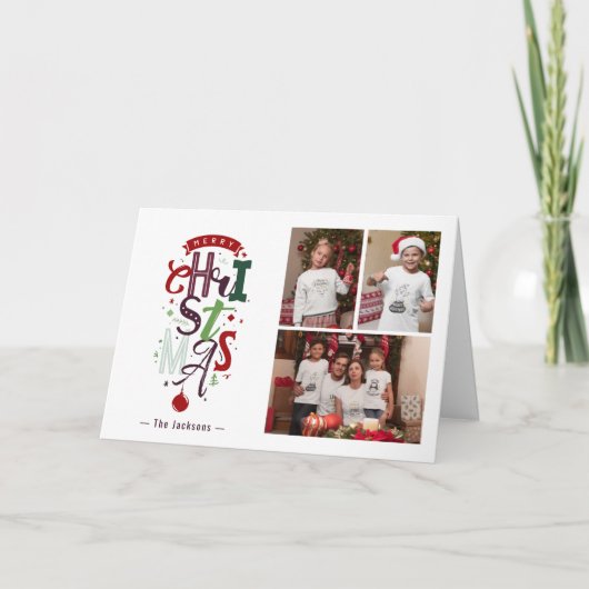 Merry kersttypografie 3 Foto Collage vakantie Kaart (Voorkant)