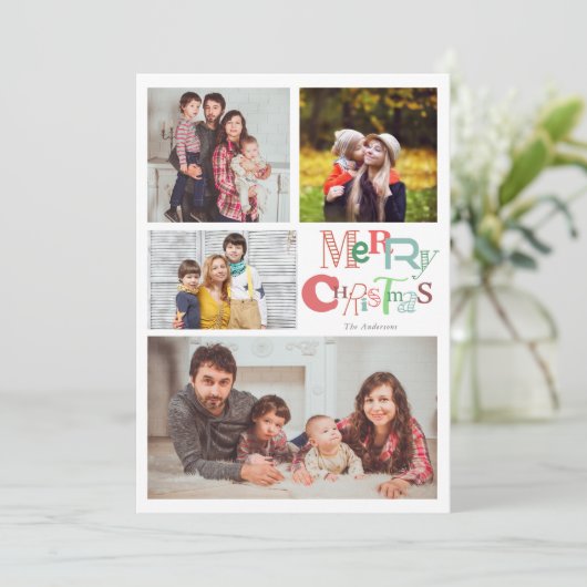 Merry kersttypografie 4 Foto Collage Cute Kaart (Staand voorkant)