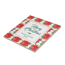 Merry Kersttypografie en Poinsettia Pattern Tegeltje