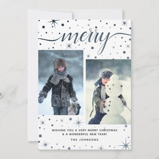 Merry kersttypografie Paars + Blauwgroen 2-foto Feestdagenkaart (Voorkant)