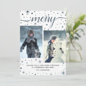 Merry kersttypografie Paars + Blauwgroen 2-foto Feestdagenkaart (Staand voorkant)