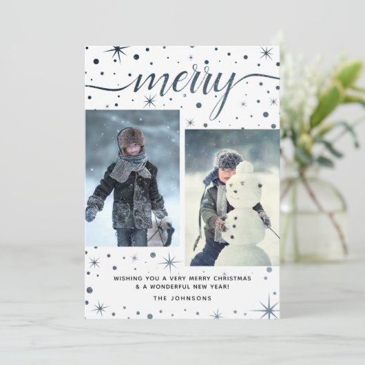 Merry kersttypografie Paars + Blauwgroen 2-foto Feestdagenkaart (Staand voorkant)