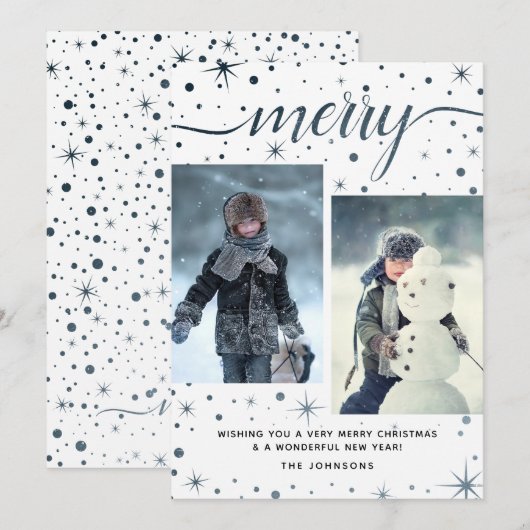 Merry kersttypografie Paars + Blauwgroen 2-foto Feestdagenkaart (Voorkant / Achterkant)