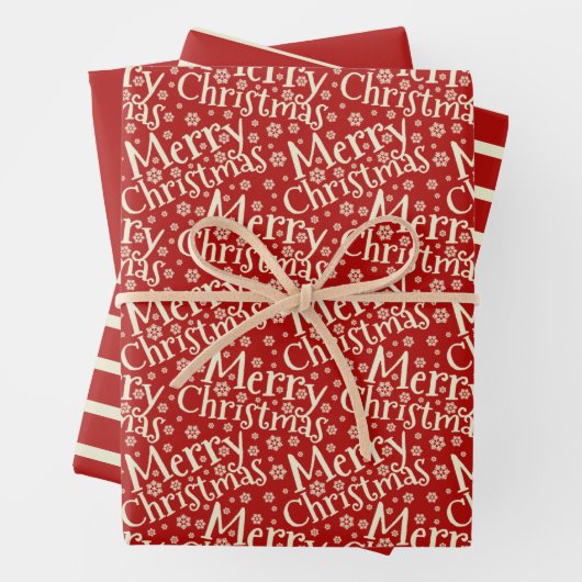 Merry Kersttypografie Red Cream Pattern Inpakpapier Vel (In situ)