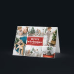 Merry Kersttypografie Red Photo Collage Feestdagen Kaart<br><div class="desc">Vrolijk kerstfeest! Verstuur vakantiewensen en groeten met deze moderne en stijlvolle kerstfotokaart. Het is voorzien van retro gewaagde typografie met diagonaal streekpatroon. Personaliseer door uw favoriete foto's,  groet,  namen en andere details toe te voegen. De teksten zijn volledig bewerkbaar. Beschikbaar als een platte kaart,  gevouwen kaart en briefkaart.</div>