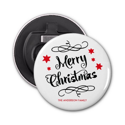 Merry KerstTypografie Red White Button Flesopener (Voorkant)
