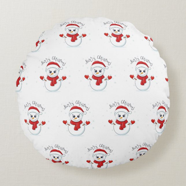 Merry Kersttypografie Snowman Holiday Rond Kussen (Voorkant)