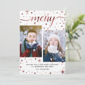 Merry KerstTypography Burgundy 2-Foto Feestdagenkaart (Staand voorkant)