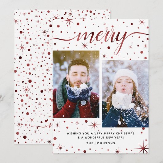 Merry KerstTypography Burgundy 2-Foto Feestdagenkaart (Voorkant / Achterkant)