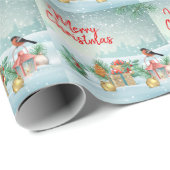 Merry kerstvogel en cadeautjes cadeaupapier (Rol Hoek)