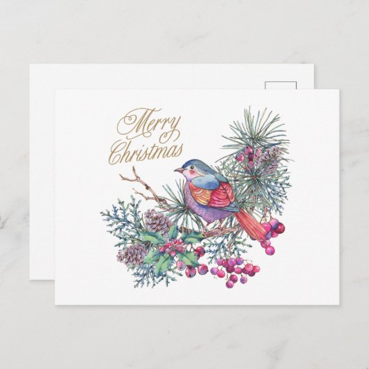Merry kerstvogel op Pine Branch Feestdagenkaart (Voorkant / Achterkant)