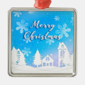 Merry KerstWhite Snow House Blue Metalen Ornament (Voorkant)