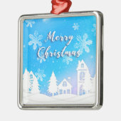 Merry KerstWhite Snow House Blue Metalen Ornament (Links)