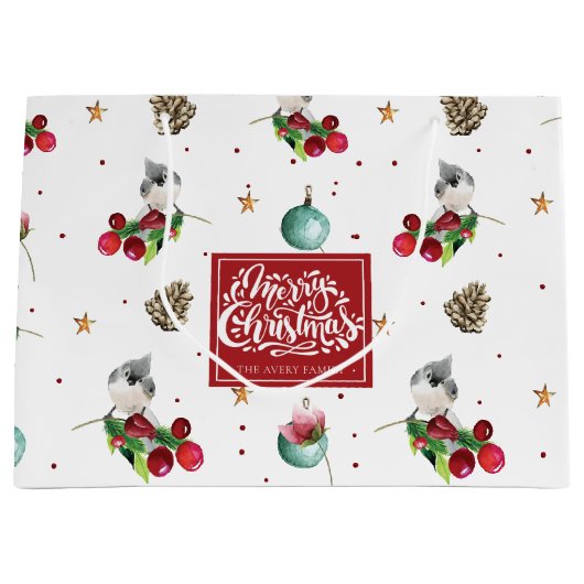 Merry KerstWinter Bird Pattern Personalized Groot Cadeauzakje (Voorkant)