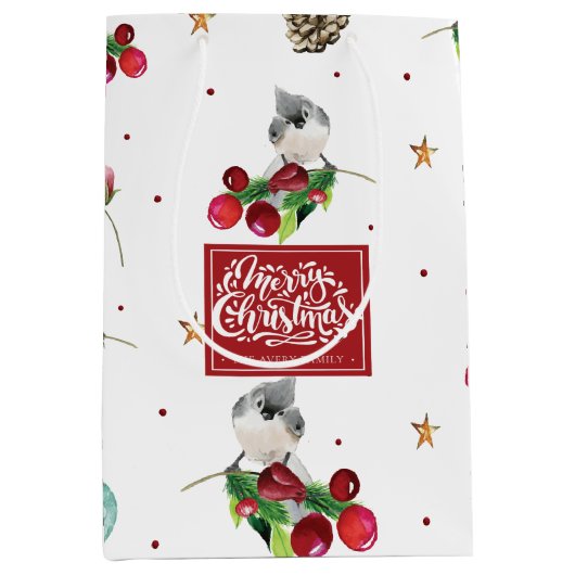Merry KerstWinter Bird Pattern Personalized Medium Cadeauzakje (Voorkant)