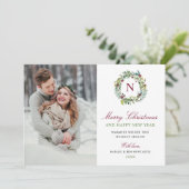Merry Kerstwinter Greenery Monogram Foto Feestdagenkaart (Staand voorkant)
