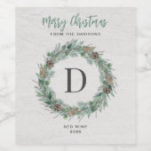 Merry Kerstwinter Greenery Monogram Wreath Wijn Etiket (Enkel label)