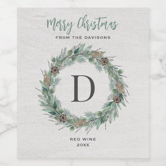 Merry Kerstwinter Greenery Monogram Wreath Wijn Etiket (Enkel label)